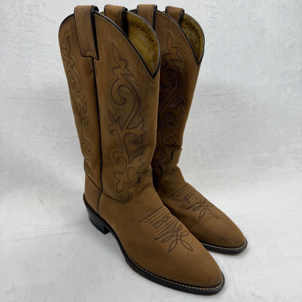 Justin Western‎ Cowboy Boots Leather Embroidered Pull On Tan Brown 7.5 EE